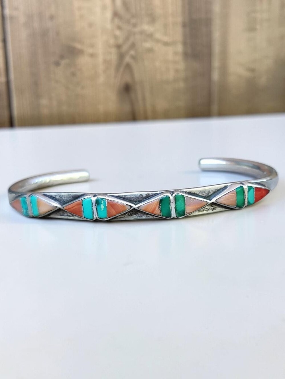 Zuni Tribe Sterling Silver Coral And Turquoise Petit Cuff Bracelet